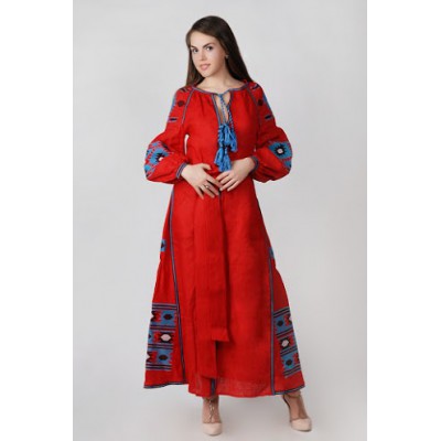 Boho Style Ukrainian Embroidered Maxi Broad Dress Red with Dark Blue Embroidery